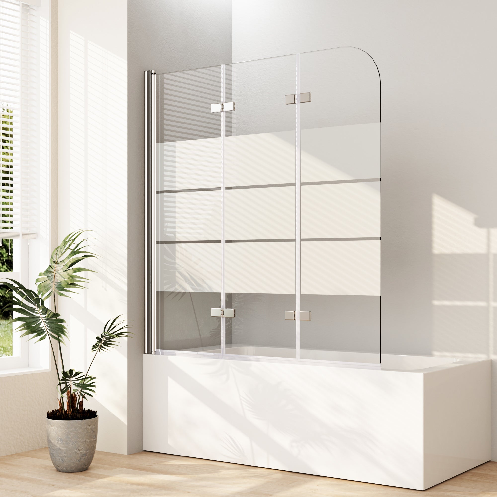 Boromal Shower Screen for Bathtub, 130 x 140 cm (W x H), 3-Piece Foldable Bathtub Attachment, Frosted Glass, Striped Bathtub Folding Wall, Shower Enclosure for Bathtub with 6 mm Tempered Safety Glass