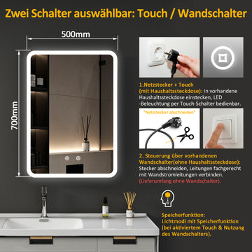 Boroyal LED-Spiegelschrank 50 × 70 cm, Schwarz, 1 Tür, abgerundete Ecken, dimmbar, Antibeschlag