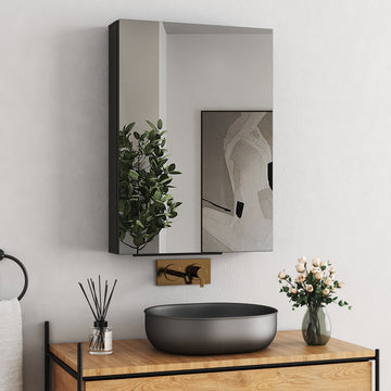 Boroyal Spiegelschrank 40 × 60 cm, Schwarz, 1 Tür, 2 verstellbare Glasablagen