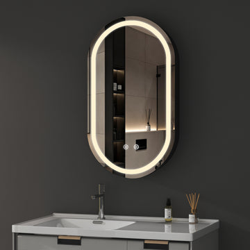 Boroyal LED-Spiegelschrank 40 × 70 cm, Schwarz, abgerundet, dimmbar, 3 Lichtfarben, Antibeschlag