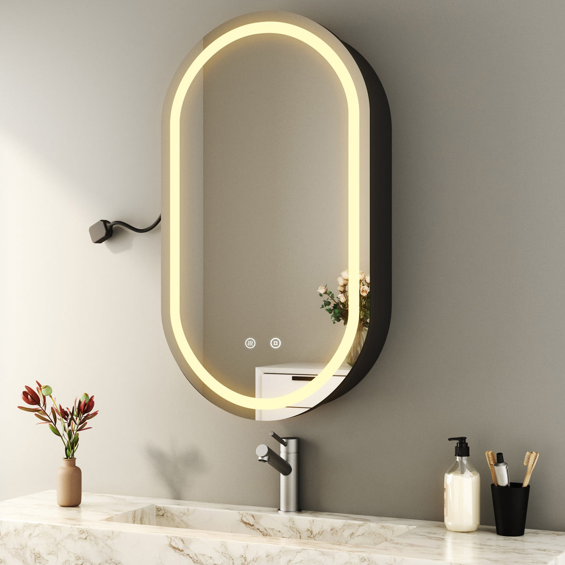 Boroyal LED-Spiegelschrank 40 × 70 cm, Schwarz, abgerundet, dimmbar, 3 Lichtfarben, Antibeschlag
