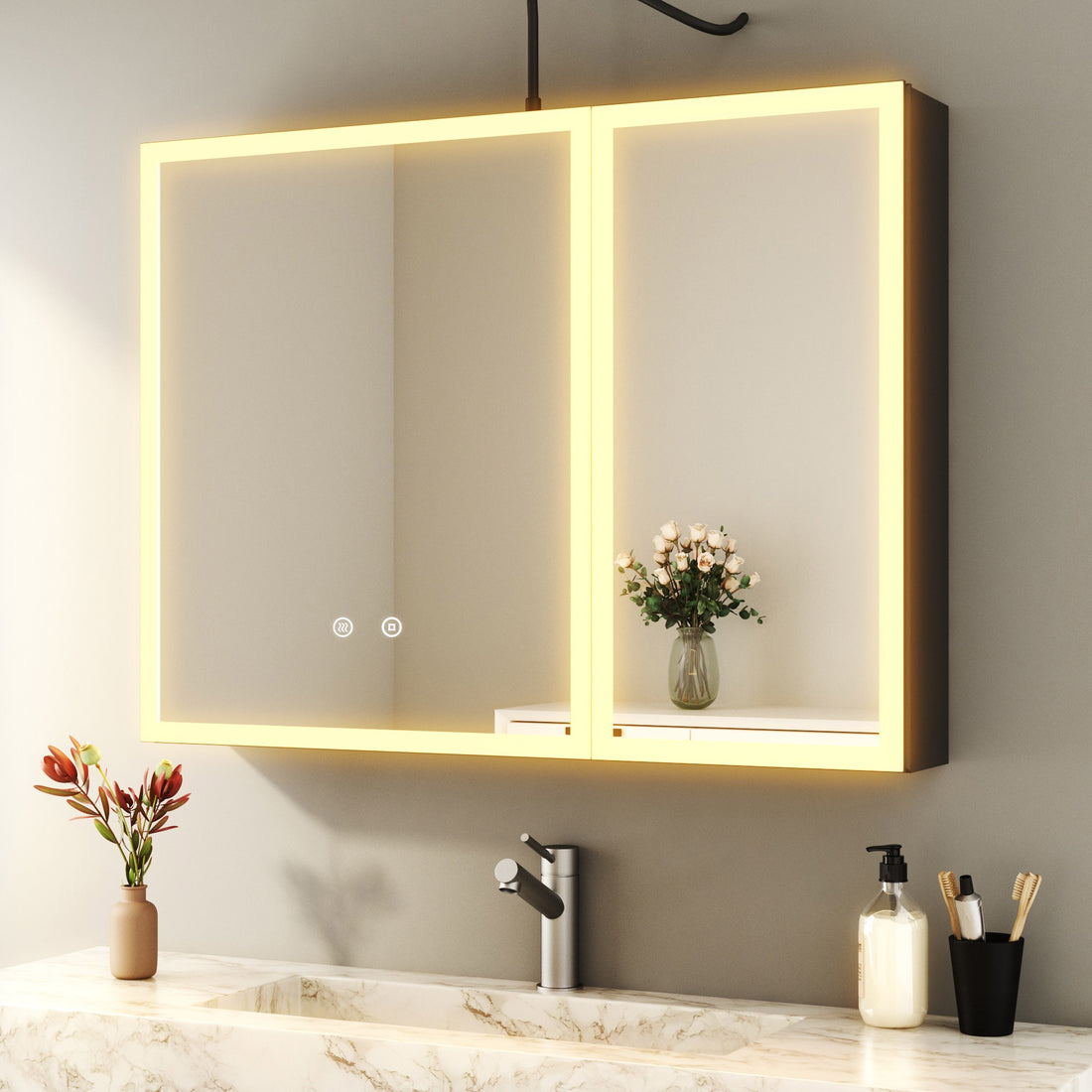 Boroyal LED-Spiegelschrank 80 × 60 cm, Schwarz, 2 Türen, dimmbar, 3 Lichtfarben, Antibeschlag