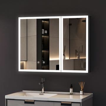 Boroyal LED-Spiegelschrank 80 × 60 cm, Schwarz, 2 Türen, dimmbar, 3 Lichtfarben, Antibeschlag