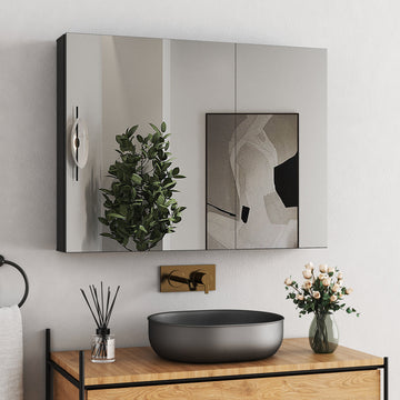 Boroyal Spiegelschrank 80 × 60 cm, Schwarz, 2 Türen, 2 verstellbare Glasablagen