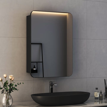 Boroyal Spiegelschrank 50 × 70 cm, Schwarz, 1 Tür, abgerundete Ecken, ohne Beleuchtung