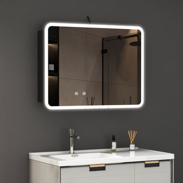Boroyal LED-Spiegelschrank 80 × 60 cm, Schwarz, 2 Türen, abgerundete Ecken, dimmbar, Antibeschlag