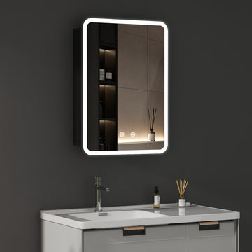 Boroyal LED-Spiegelschrank 40 × 60 cm, Schwarz, 1 Tür, abgerundete Ecken, dimmbar, Antibeschlag