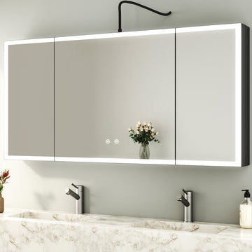 Boroyal LED-Spiegelschrank 120 × 60 cm, Schwarz matt, 3 Türen, dimmbar, Antibeschlag