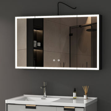 Boroyal LED-Spiegelschrank 90 × 60 cm, Schwarz, 3 Türen, dimmbar, Antibeschlag
