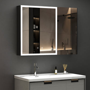 Boroyal LED-Spiegelschrank 80 × 60 cm, Weiß, 2 Türen, LED & Antibeschlag links