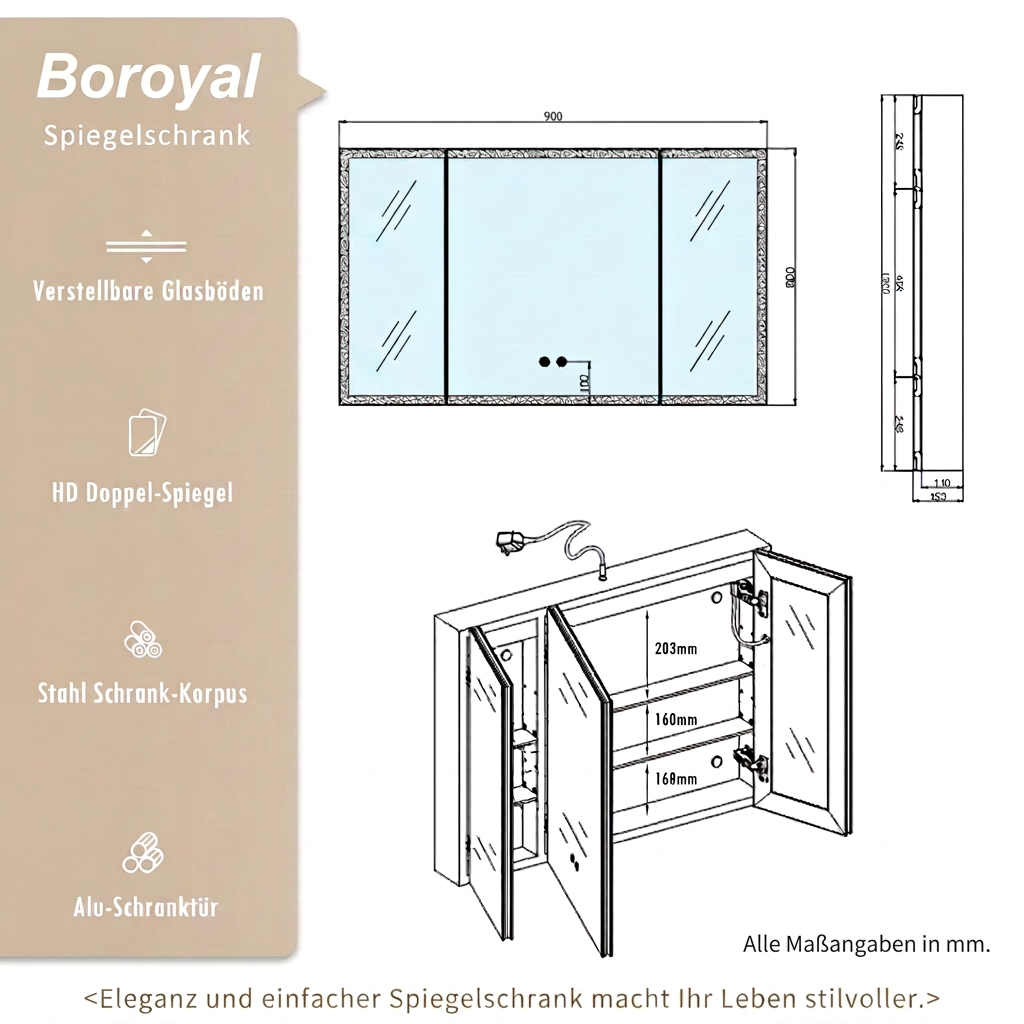 Boroyal MD69AD – Maßzeichnung, Gesamtbreite 900 mm, alle Maßangaben in mm