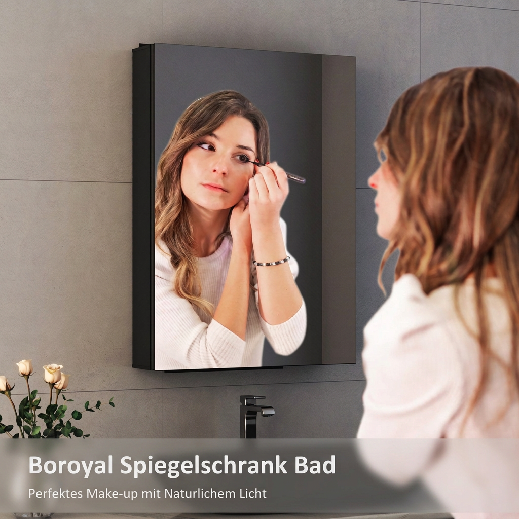 Boroyal MB57 Spiegelschrank ohne Beleuchtung – Badezimmermotiv mit dezentem Schriftzug