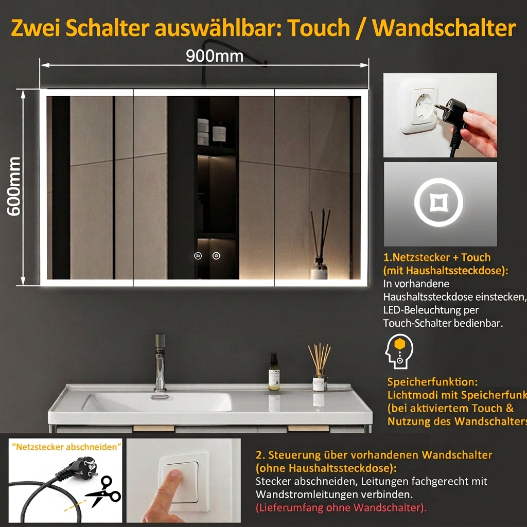 Boroyal MD69AD – Touch und Wandschalter, Breite 900 mm