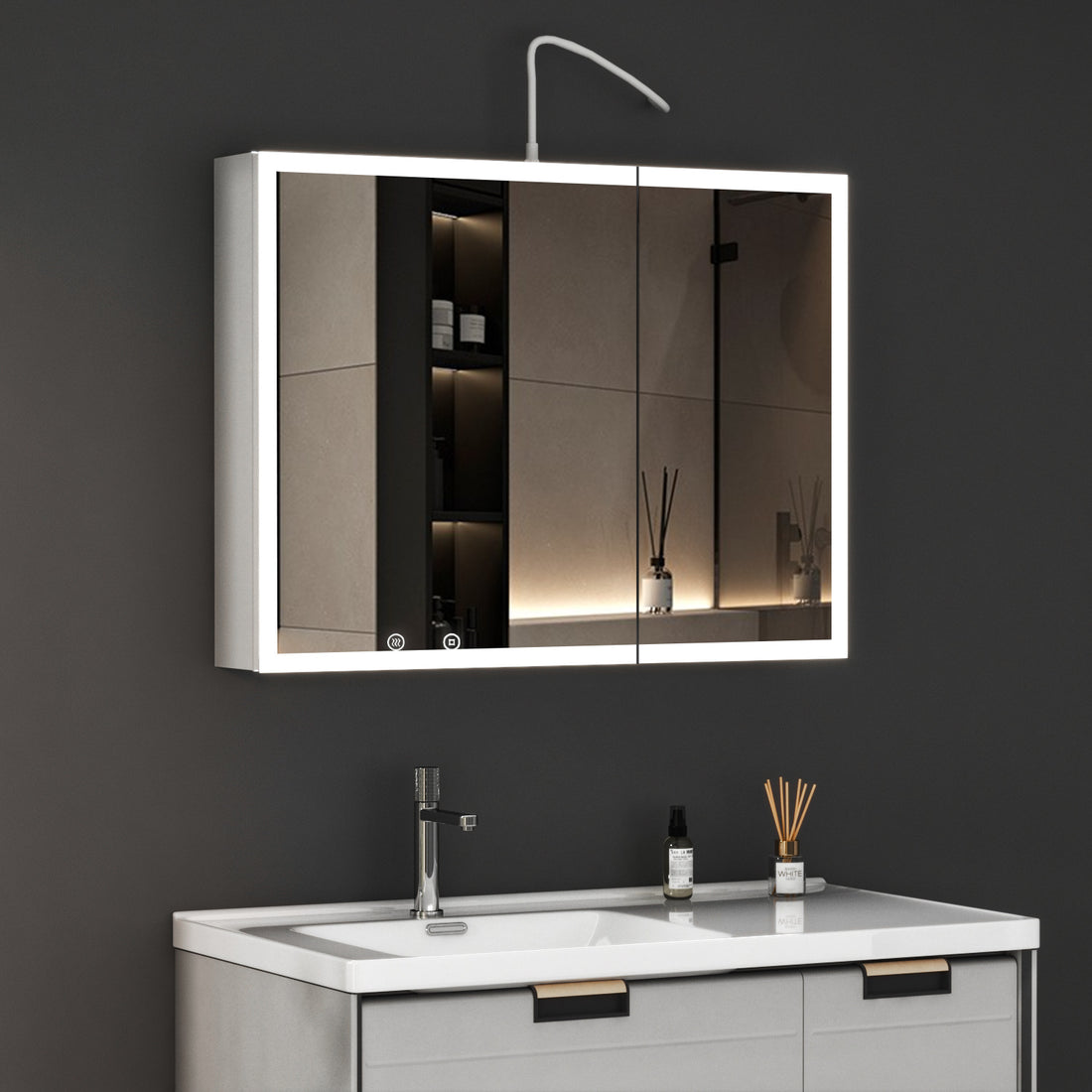 Boroyal LED-Spiegelschrank 80 × 60 cm, Weiß, 2 Türen, Antibeschlag an beiden Türen